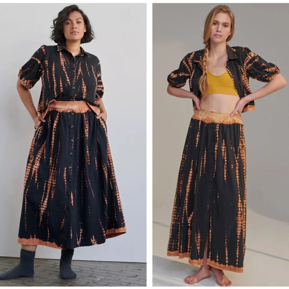 Anthropologie Black and Orange Tie-Dye Button-Front Skirt Set
